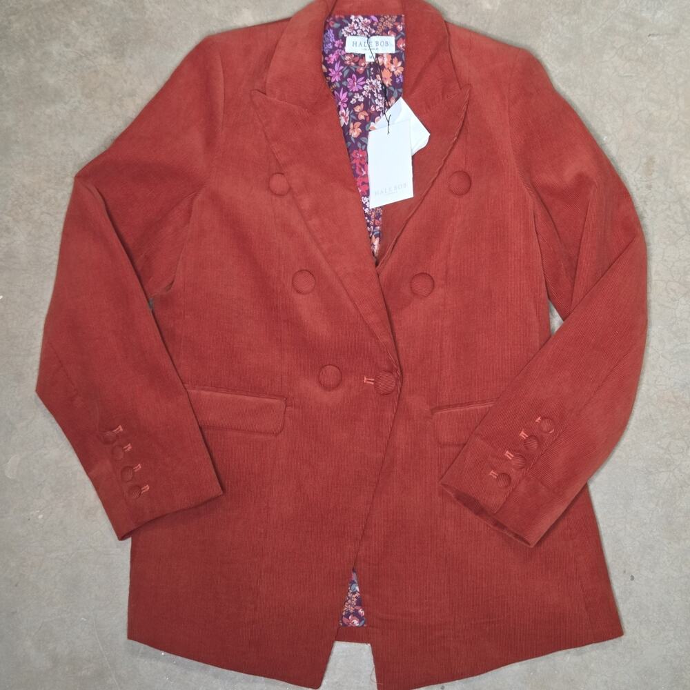 HALE BOB Los Angeles NWT Corduroy Double Breasted Blazer M Rust Orange Floral